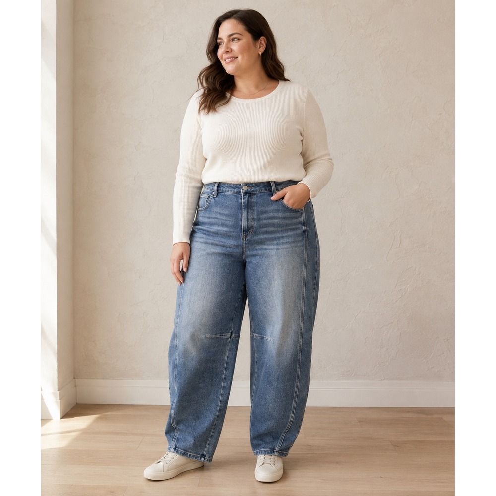 Risen High Rise Barrel Jeans Size 15/32 Medium Wash